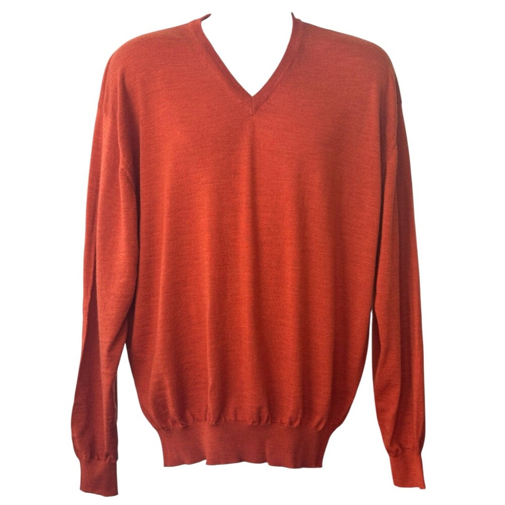 Bobby Jones Sweater Men XL V Neck Long Sleeve Rust Color Soft Wool Sweater Italy